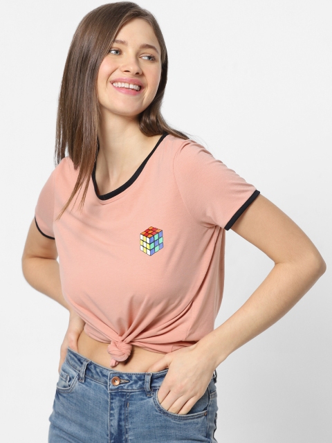 

ONLY Women Peach-Coloured Back Printed Round Neck T-shirt