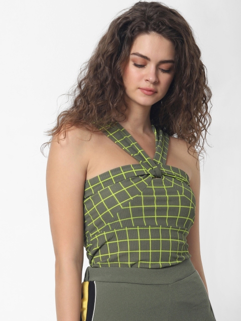 

ONLY Women Olive Green Checked Fitted Top