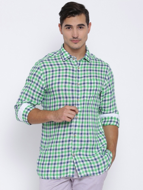 

Blackberrys Green & Navy Checked Slim Fit Linen Casual Shirt