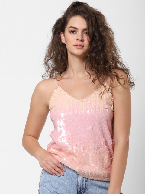 

ONLY Women Pink & Peach-Coloured Sequinned Top