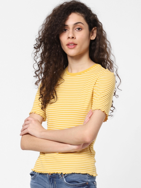 

ONLY Women Mustard Yellow & White Striped Round Neck Lettuce Hem Ribbed T-shirt