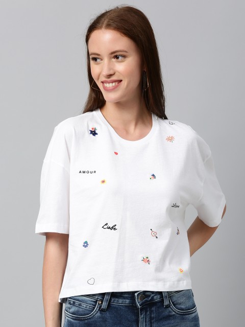 

ONLY Women White Embroidered Round Neck Drop-Shoulders Pure Cotton T-shirt