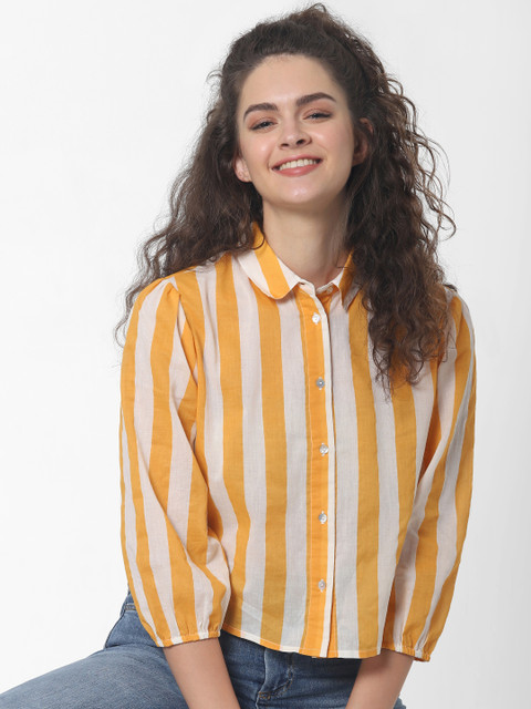 

ONLY Women Mustard Yellow & Off-White Regular Fit Striped Casual Shirt