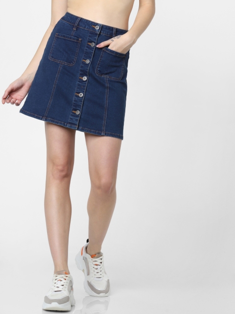 

ONLY Women Blue Solid Mini Denim A-Line Skirt