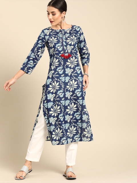 

Varanga Women Navy Blue & Off-White Floral Print Straight Kurta