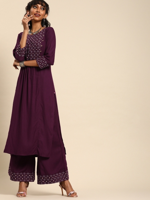 

Varanga Women Purple Embroidered Kurta with Palazzos, Pink