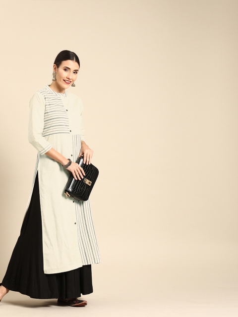 

Varanga Women Off-White & Black Striped Straight Kurta