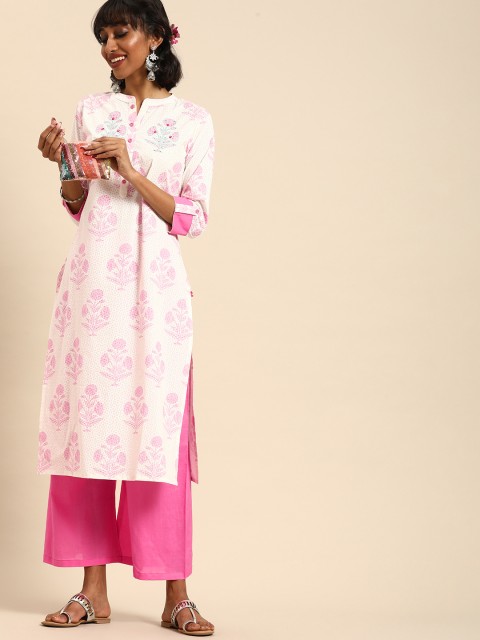 

Varanga Women Off-White & Pink Printed Kurta with Palazzos