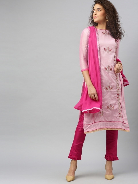 

DIVASTRI Pink Embroidered Chanderi Poly Silk Unstitched Dress Material