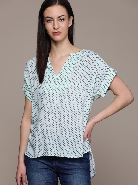 

GAP Women Sea Green & Navy Blue Printed Top