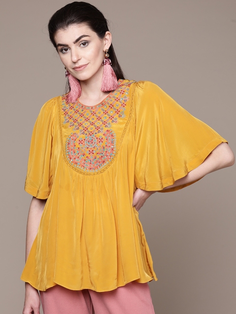 

Ritu Kumar Women Mustard Yellow & Peach-Coloured Yoke Design Satin Finish A-Line Kurti