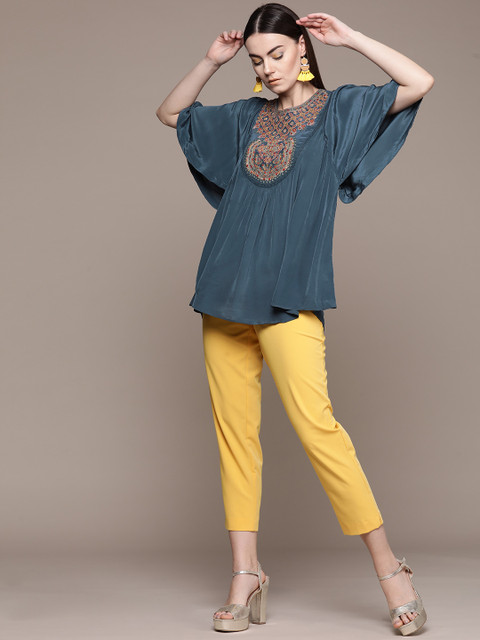 

Ritu Kumar Women Teal Blue & Yellow Yoke Design A-Line Kurti With Satin Finish