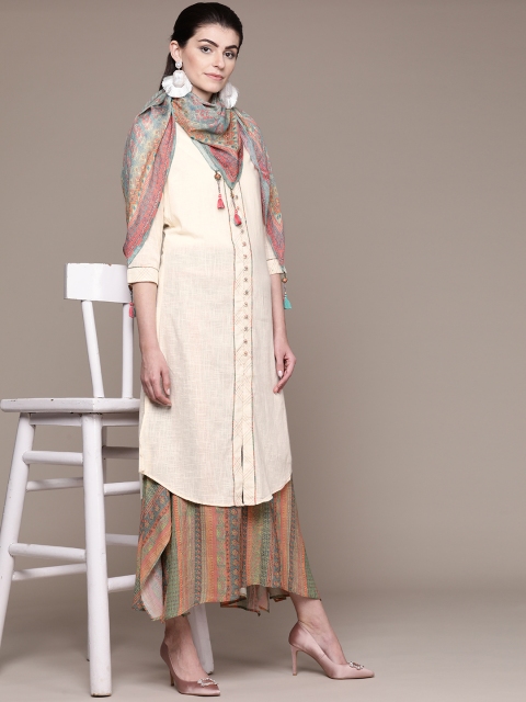 

Ritu Kumar Women Off-White & Green Solid Kurta With Palazzos & Scarf