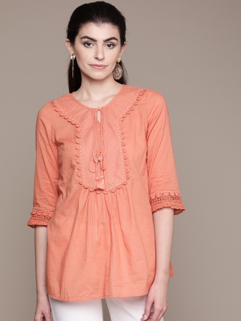 

Ritu Kumar Women Peach-Coloured Self Checked Pure Cotton A-Line Kurti