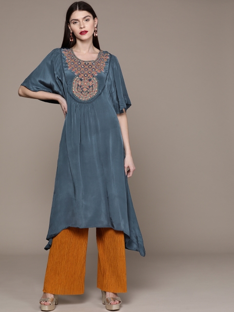

Ritu Kumar Women Teal Blue Yoke Design A-Line Asymmetric Kurta With Satin Finish