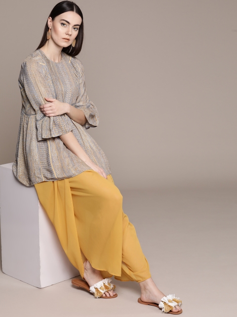 

Ritu Kumar Women Grey & Yellow Printed A-Line Kurti