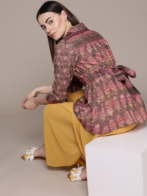 

Ritu Kumar Women Brown & Pink Floral Pure Cotton Print A-Line Kurti