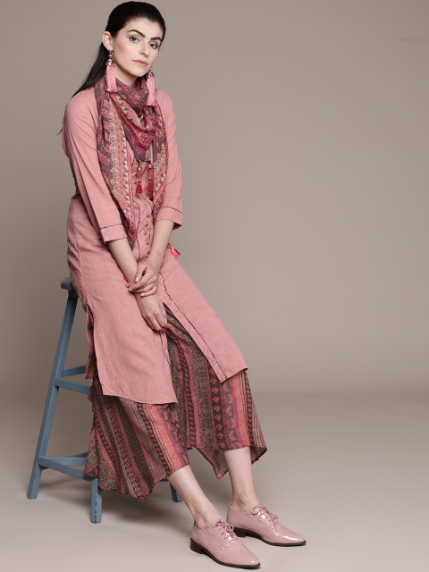 

Ritu Kumar Women Pink & Brown Solid Kurta with Palazzos & Scarf