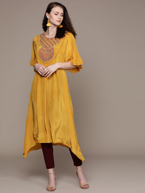 

Ritu Kumar Women Mustard Yellow Yoke Design A-Line Asymmetric Kurta