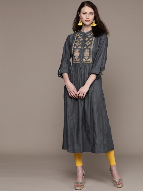 

Ritu Kumar Women Charcoal Grey Embroidered Yoke Design A-Line Kurta