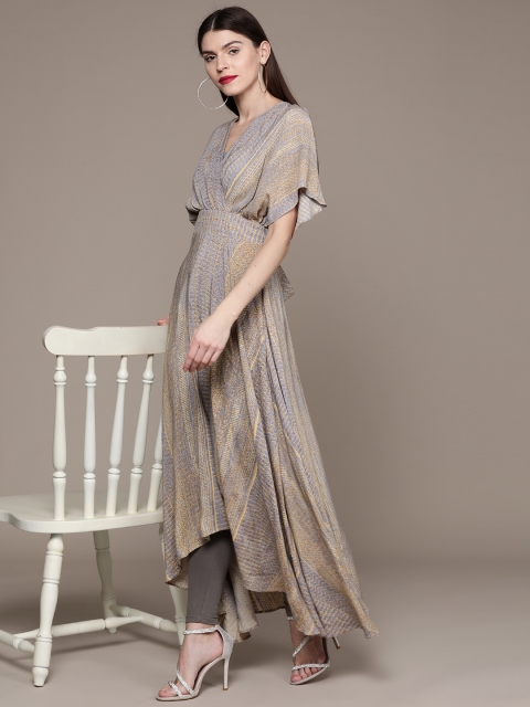 

Ritu Kumar Women Grey & Yellow Printed Asymmetric Hemline A-Line Kurta