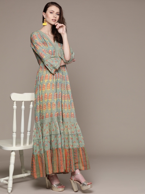 

Ritu Kumar Women Green & Pink Printed Tiered Anarkali Kurta