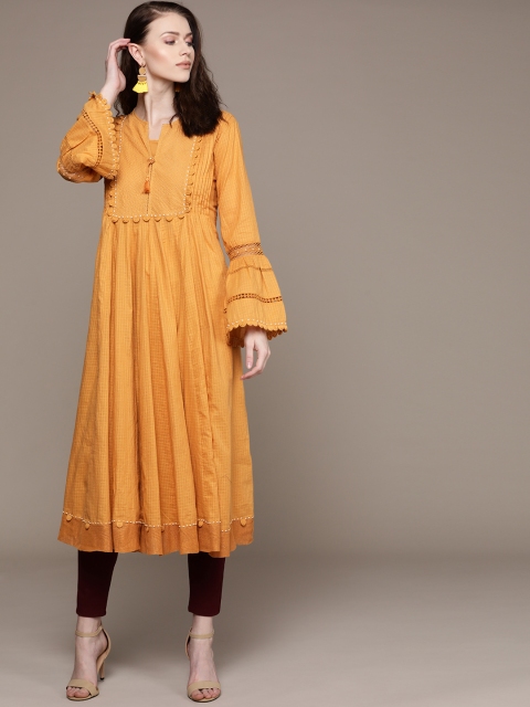 

Ritu Kumar Women Mustard Yellow Self-Checked Anarkali Kurta