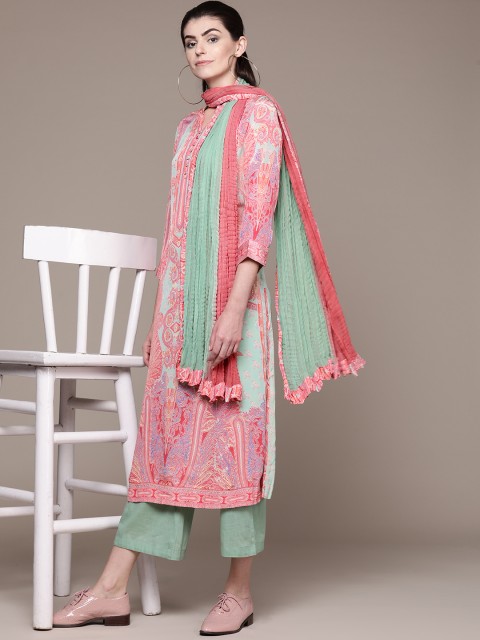 

Ritu Kumar Women Green & Pink Printed Kurta with Palazzos & Dupatta