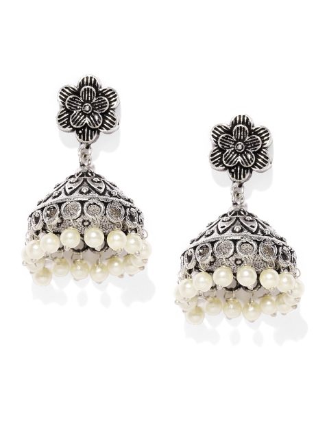 

VIDRUKARIH Silver-Toned Oxidised Dome Shaped Jhumkas
