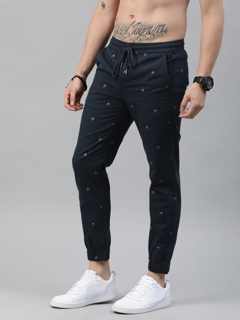 

Roadster Men Navy Blue & Grey Regular Fit Printed Cropped Joggers