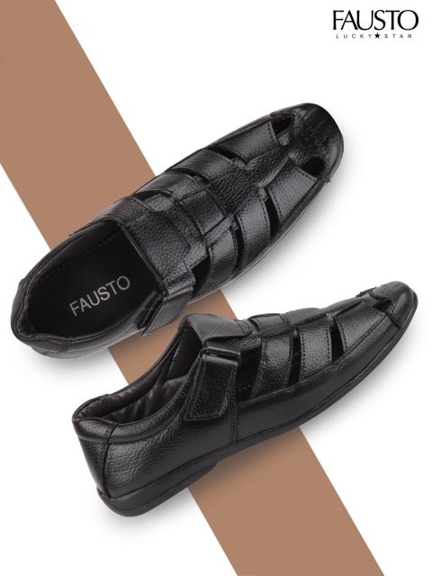 

FAUSTO Men Black Leather Anti-Skid Shoe-Style Sandals