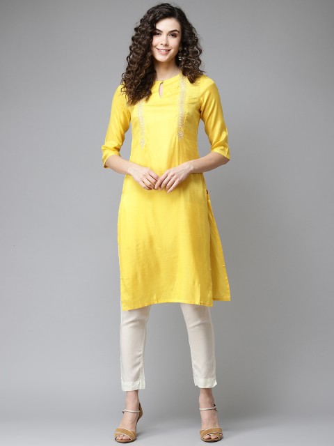 

W Women Yellow Ethnic Motifs Yoke Design Thread Work Kurta