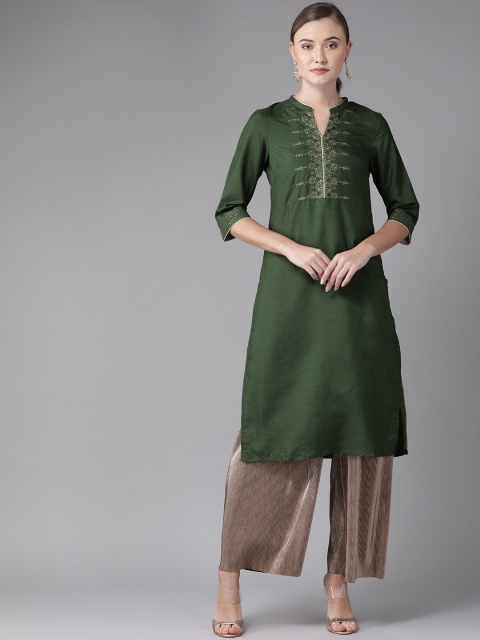 

W Women Green & Golden Yoke Design Straight Kurta