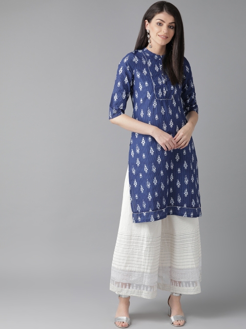 

W Women Navy Blue & White Printed Straight Kurta