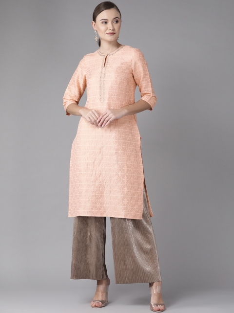 

W Women Peach-Coloured & Golden Zari Woven Design Straight Kurta