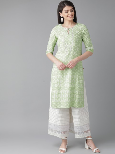 

W Women Green & White Printed Straight Kurta