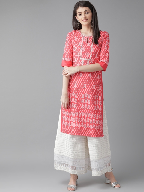 

W Women Pink & White Printed Straight Kurta