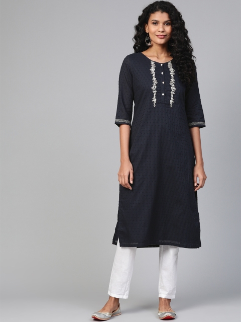 

W Women Navy Blue Embroidered Straight Kurta