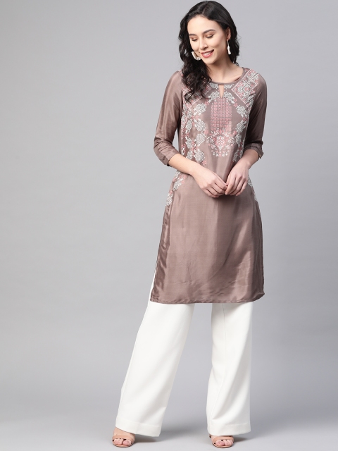 

W Women Taupe & Pink Printed Straight Kurta