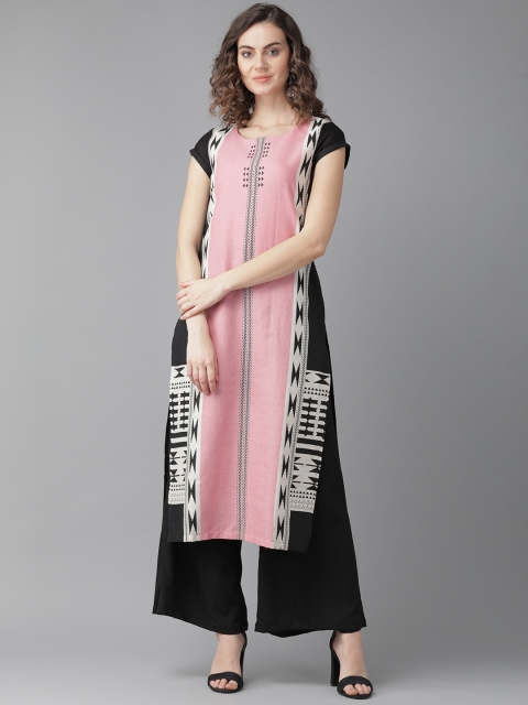 

W Women Pink & Black Printed Straight Kurta