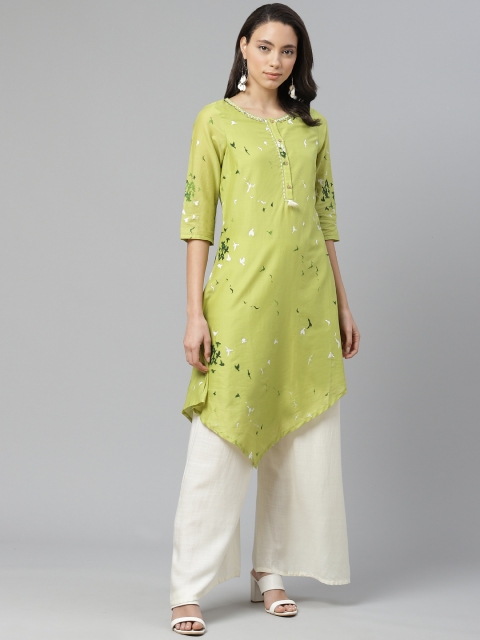 

W Women Green Pure Cotton Printed A-Line Kurta