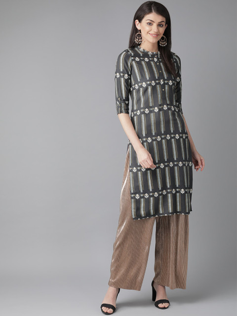

W Women Charcoal Grey & Off-White Printed Straight Sustainable Kurta