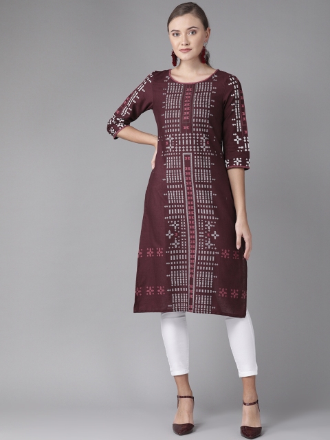 

W Women Burgundy & White Printed Straight Kurta