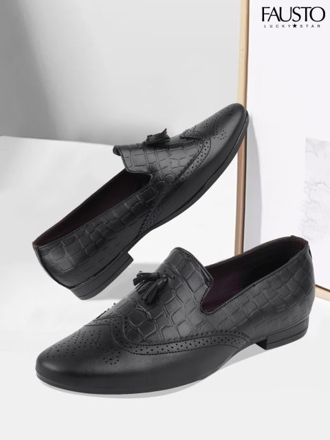 

FAUSTO Men Black Textured Brogue Tassel Formal Loafers