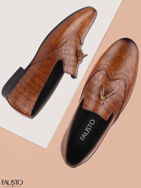 

FAUSTO Men Tan Brown Textured Brogue Tassel Loafers