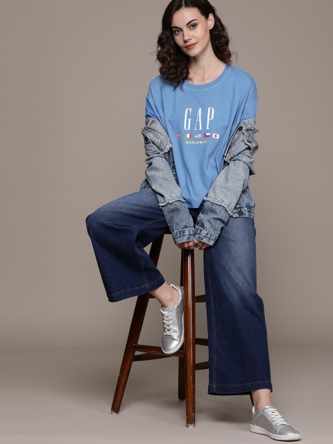 

GAP Women Blue & White Printed Round Neck T-shirt