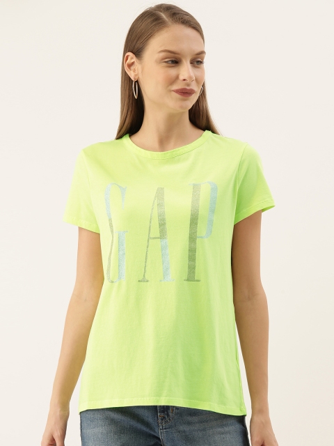 

GAP Women Lime Green Printed Round Neck Pure Cotton T-shirt