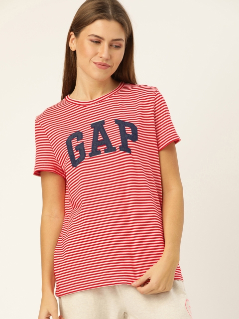 

GAP Women Red & White Striped Round Neck T-shirt with Applique Detailing