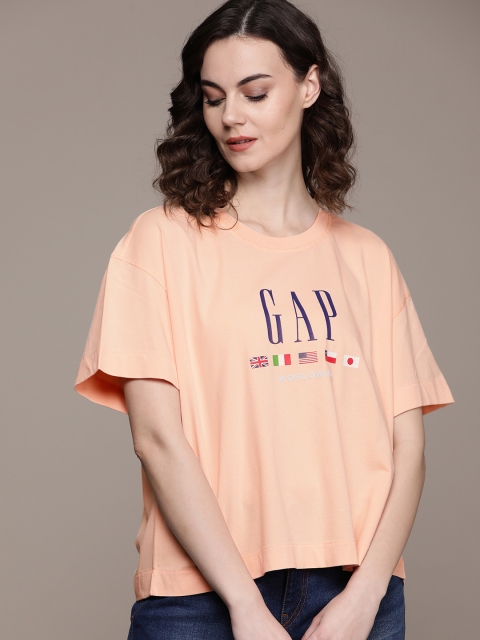 

GAP Women Peach-Coloured & Navy Blue Printed Round Neck T-shirt