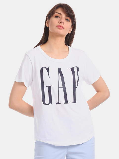 

GAP Women White Brand Logo Printed Round Neck T-shirt